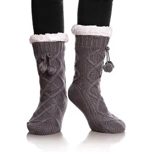 Kaus Kaki Wanita, Rajutan Berlian Super Lembut Hangat Cozy Fuzzy Fleece-Lined Winter Slipper Cable