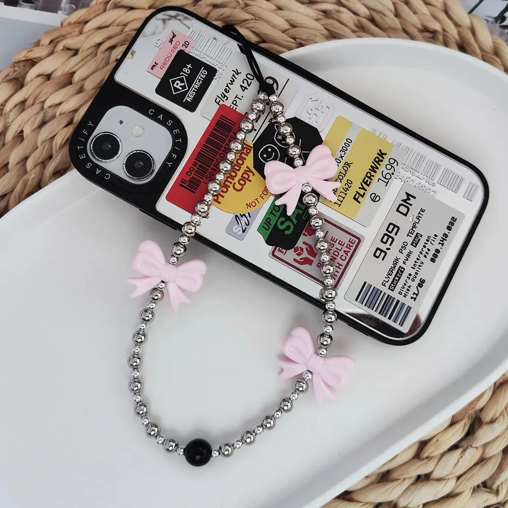 Розовый бант на цепочке для телефона серебряного цвета с бусинами, струнный Чехол для мобильного телефона, Корейская подвеска на ремешке для женщин