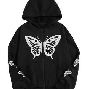 Sudadera con Capucha Unisex con Cierre, Corte Holgado, Estampado de Mariposas, Informal, para Otoño, 100% Algodón, Transpirable - Product Image 1