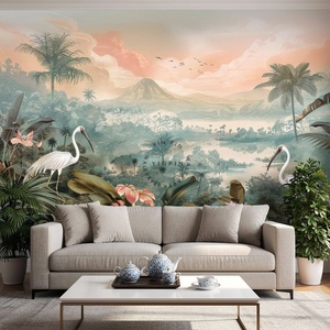 Papier peint mural traditionnel en vinyle à peler et à coller, paysage tropical paradisiaque, oiseaux exotiques, décoration murale pour la maison - Product Image 2