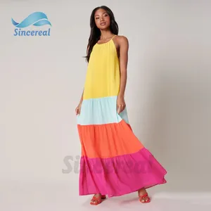 Oem Luxe Merk Kleding 2023 Zomer Maxi Lange Designer Jurk Regenboog Stralen Heldere Colorblock Maxi Jurk