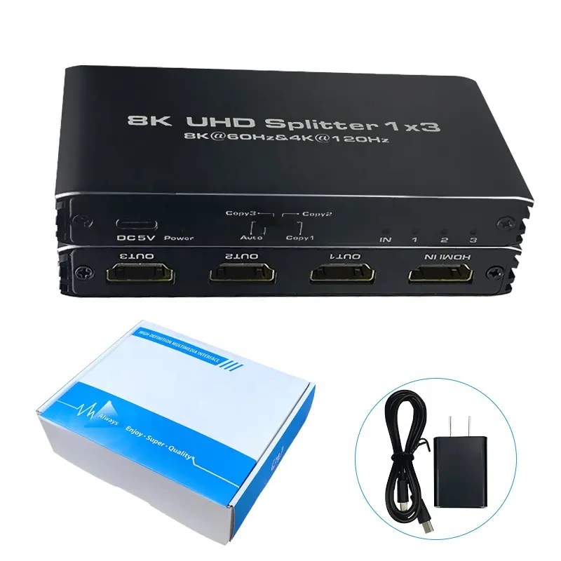 Justlink HDMI2.1 8K 60Hz Video Splitter Converter 1 In 3 Out 4K120Hz 8K 1x3 Ultra HD Support Dual Display pour HDTV DVD PS3 Xbox