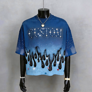 Camiseta Personalizada para Hombre, Estilo Retro, Corte Holgado, Cuello Redondo, Verano, Efecto Desgastado por el Sol, con Brillo y Pedrería, Manga Corta - Product Image 3