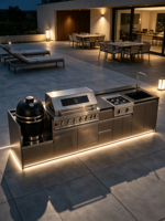 Cuisine extérieure en acier inoxydable 304 avec barbecue Kamado, barbecue à gaz, brûleur latéral, évier intégré, station de cuisson pour jardin