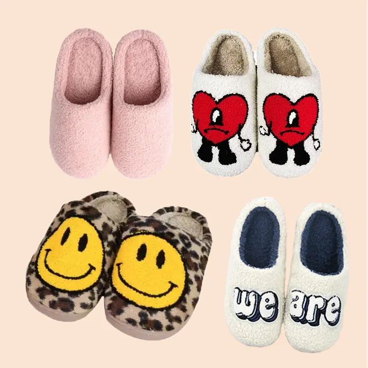 Custom New Fashion Smile Soft Indoor Floor Bedroom Winter Shoes Love Pattern Cotton Bad Bunny Memory Foam Slippers for Women