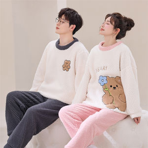 Pijamas para hombres mujeres invierno piña terciopelo Jacquard pantalones de manga larga lindo bolsillo de dibujos animados pijamas conjunto de dos piezas - Product Image 6