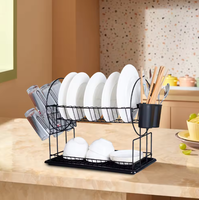 Égouttoir à vaisselle noir à 2 niveaux, organisateur de cuisine multifonctionnel en fil métallique avec porte-ustensiles pour assiettes et bols