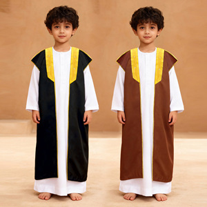 Abito Tradizionale Arabo per Adulti e Ragazzi, Ricamo con Bordi Dorati, Colore a Contrasto, Estivo, in Poliestere, Stile Etnico per Festival e Moschea - Product Image 1