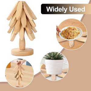 Sous-plats pliables résistants à la chaleur, dessous de plat en bois pour table de cuisine, pour plats chauds, avec 4 tapis de plaque chauffante en bois de hêtre, ensemble de dessous de plat en forme d'arbre - Product Image 4