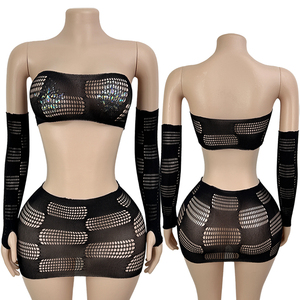 Conjunto de 4 piezas de falda bandeau a cuadros con red de pesca, tanga adicional y pasties de cristal, kits de ropa de baile de salón - Product Image 1
