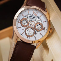 Montre à quartz pour homme, cadran squelette, chiffres romains, boîtier en or rose, bracelet en cuir marron, montre de soirée formelle