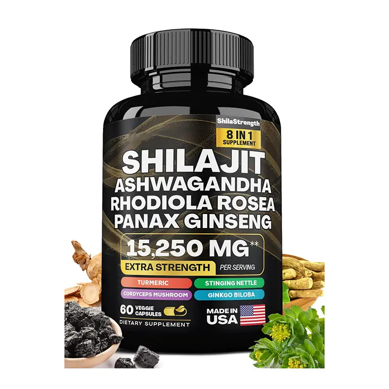 OEM Hot Sale Herbal Supplements Ashwagandha Rhodiola Rosea Panax Ginseng Complex Black Seed Oil Shilajit capsules