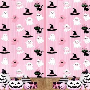 Decoración de Fondo para Fiesta de Cumpleaños o Casa Encantada: Fantasma Lindo de Halloween, Gato Negro, Sombrero de Bruja, Cortina de Flecos de Lámina Rosa - Product Image 1