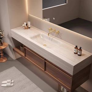 Mueble de lavabo de estilo antiguo con lavabo integrado de cerámica de losa de piedra de cueva y espejo inteligente antivaho - Product Image 2