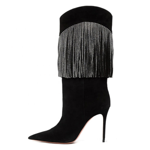 Bottes hautes personnalisées pour femmes avec pampilles et diamants de luxe, talons aiguilles sexy à bout pointu, chaussures fantaisie en daim, bottines longues pour femmes - Product Image 2
