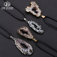Collar de Ágata Brasileña Natural en Rodaja con Borde Chapado en Oro y Plata, Colgante de Geoda Cruda con Cordón Encerado, Joyería al por Mayor