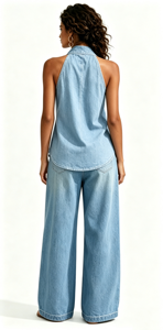 Ensemble <span class=keywords><strong>en</strong></span> <span class=keywords><strong>jean</strong></span> col halter pour <span class=keywords><strong>femme</strong></span>, haut <span class=keywords><strong>en</strong></span> V et pantalon large, style rétro, vente <span class=keywords><strong>en</strong></span> gros pour fabricants de vêtements - Product Image 2