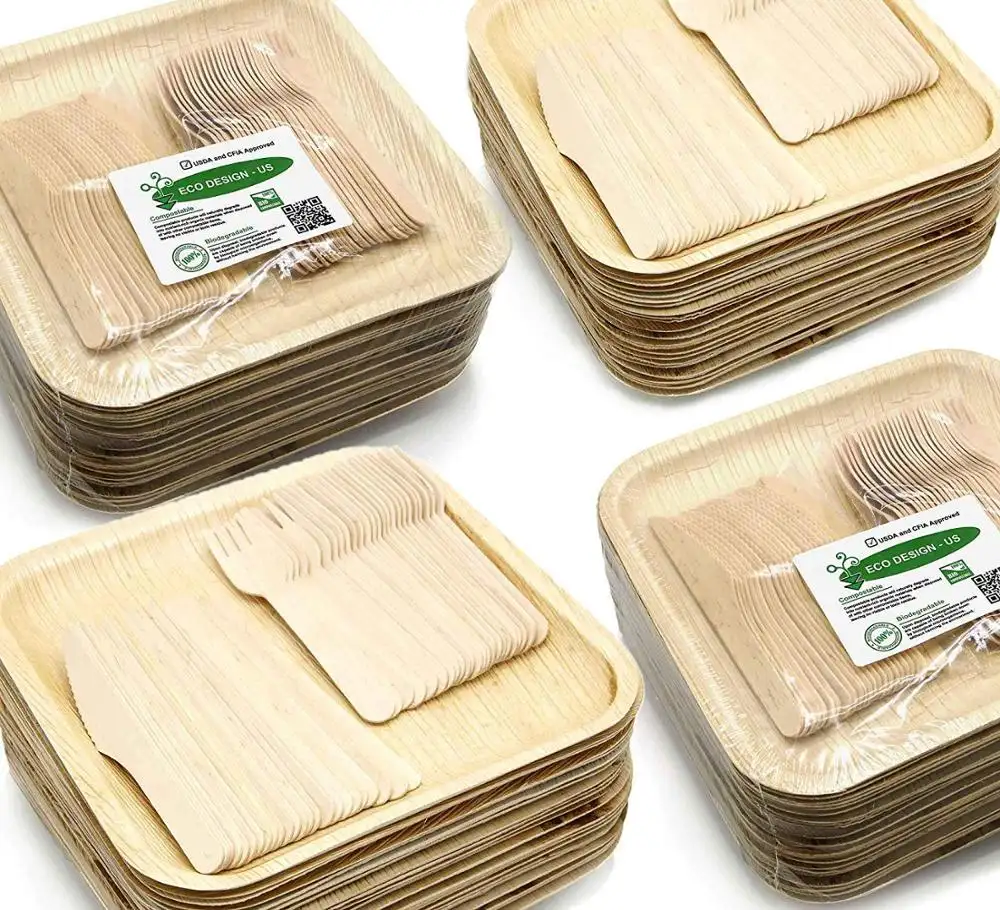 Placas desechables biodegradables de hoja de palma, desechables, cuadradas, 6 pulgadas