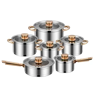 2023 Hot Sale Gold 12Pcs Stainless Steel Cooking Pots And Pans Nonstick Kitchen Cookware Sets Gold Pot Set