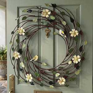 Corona de metal rústica con flores y pájaros, hecha a mano, decorativa para colgar en la pared, de forma redonda, sin iluminación, estilo artesanal. - Product Image 3