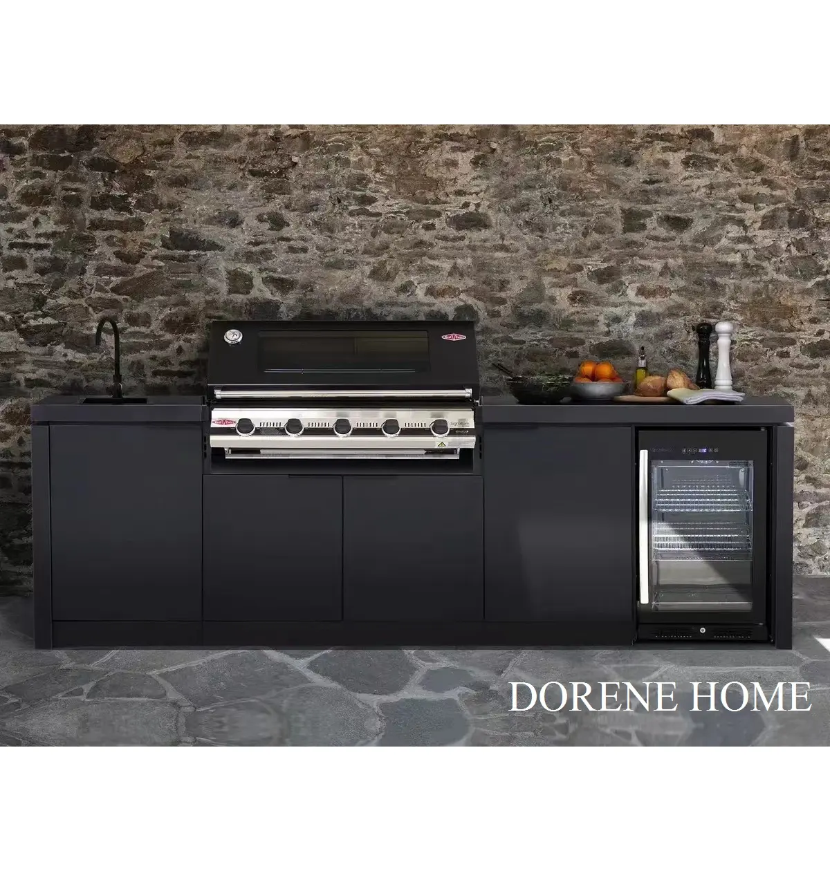 2023 Dorene Black Color 304 Stainless Steel Outdoor Kitchen Cabinet Classic with Fridge