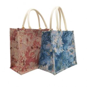 Custom Eco-Friendly Printed Logo Women Color Souvenir Blank Jute Shopping Tote Bag Summer Gift Zipper Closure Hand Length Handle
