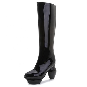 Women Round Ball Heels Silver Patent Knee High Boots Thick Platform Side Zipper Unique Styles Long <b>Booties</b> Custom Design Shoes - Product Image 3
