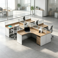 Poste de travail en L pour employés avec cloison en verre, bureau simple pour personnel avec armoire de rangement mobile verrouillable