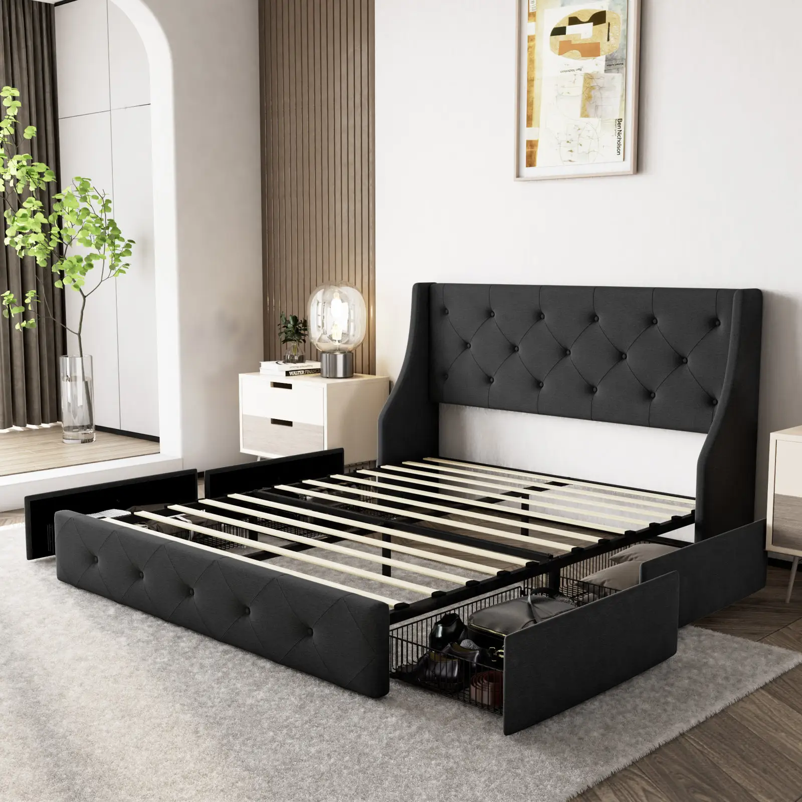 سرير مخملي كبير الحجم محكم الحجم ياباني من Kainice سرير مخملي مع مكان للتخزين موفر في المساحة ومتنقل