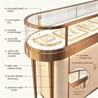 Comptoir de présentation de bijoux en verre incurvé, cadre en métal rose doré, vitrine aux coins arrondis avec éclairage LED chaud intégré, logo personnalisé