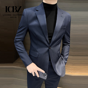 Completo da <span class=keywords><strong>Uomo</strong></span> Multicolore 2 Pezzi Elegante in Lana/Seta, Giacca Formale a Righe per Affari e Occasioni Casual - Product Image 2