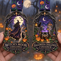 Médaille de finisseur personnalisée pour le défi de sorcière d'Halloween, en alliage de zinc, placage nickel noir, impression UV en relief 3D, pour récompense d'événements virtuels