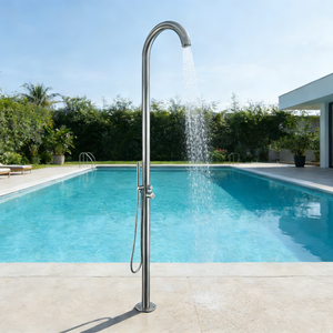 Ensemble de <span class=keywords><strong>douche</strong></span> sur pied rond contemporain en acier inoxydable, 2 fonctions, <span class=keywords><strong>eau</strong></span> <span class=keywords><strong>chaude</strong></span> <span class=keywords><strong>et</strong></span> <span class=keywords><strong>froide</strong></span>, <span class=keywords><strong>douche</strong></span> extérieure avec douchette - Product Image 1
