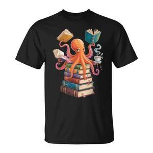 Camiseta Octopus Book Reading con diseño de criaturas marinas, camiseta unisex negra con cuello redondo - Product Image 1