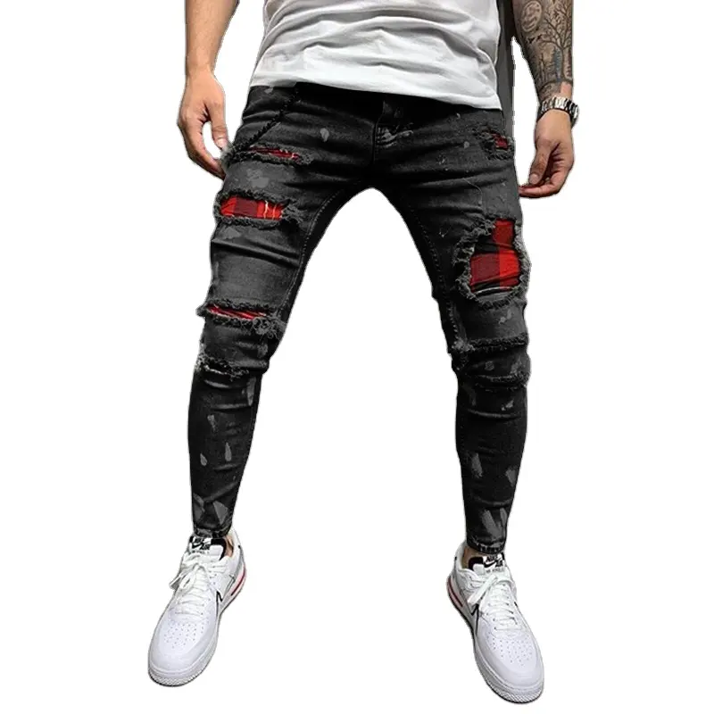 2022 Wholesale Custom Logo Men's Denim Trouser Design Fashion Casual Distressed Ripped Hole Skinny Pant Jeans For Men