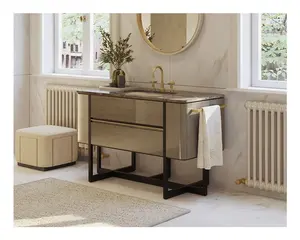 Luxury Modern Brushed Brass Wall Mounted Satin Pore Wood Finish Curved Marble Bathroom Vanity With Sink Mirror