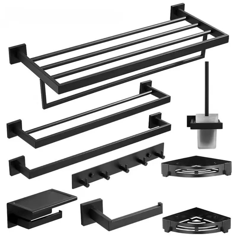 Set Matte Black Factory Modern Hotel Bathroom Hardware towel rack set High quality 304 stainless steel Bathroom Accessories