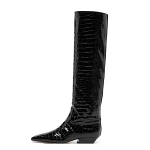 Tamanho 44 Pedra Imprime Mulheres Joelho Botas Altas Saltos Baixos Chunky Sapatos De Camurça Deslizamento Em Ampla Ajuste Dedo Apontado Botas Longas - Product Image 1