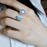 Bague de luxe en or 18 carats avec opale, diamant naturel 0,046 ct, perle baroque blanche d'Australie de mer du Sud bleu sang naturel 12-13 mm