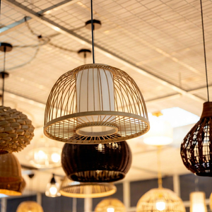 Bamboo Woven Rattan Shade LED Pendant E26 Adjustable Height Touch Control Warm Ambient Ceiling Lamp for Living Room Restaurant - Product Image 1