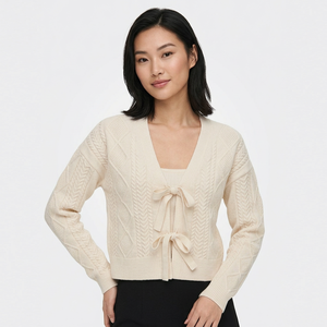 Cárdigan de punto liso de manga larga con cuello en V para mujer, con diseño cruzado y lazo - Product Image 1