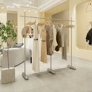 Custom Boutique Interior Design Floor Standing Stainless Steel Silver Clothing Display Stand Clothes Hanging Rack