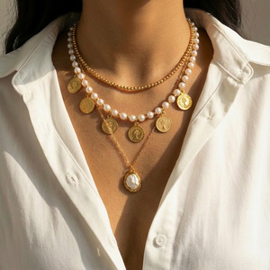 <span class=keywords><strong>Collier</strong></span> multicouche en alliage de perles plaqué or avec pendentif pièce de monnaie, style affirmé pour femme - Product Image 3