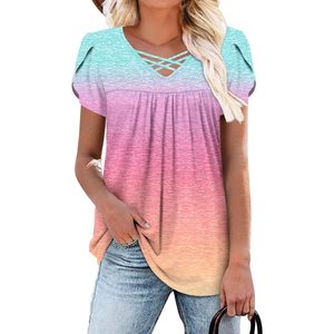 FOXA Camisa tipo túnica para mujer, manga corta, con estampado degradado, transpirable, de punto, informal, de verano - Product Image 1