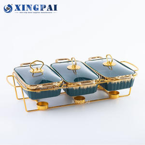 طقم تسخين بوفيه طعام سيراميك أبيض عالي الجودة من XINGPAI بسعة 1 لتر*3، طبق تسخين أسود بغطاء زجاجي للفنادق والمطاعم - Product Image 5