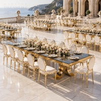 Table de banquet ronde moderne haut de gamme avec plateau en verre trempé et base en acier inoxydable argenté pour la location d'événements hôteliers et extérieurs