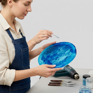 Handmade Blue Resin Round Modern Luxury Serving Plate Handpainted Art Dish Stocked Food Grade Eco-Friendly Dishwasher Safe - Product Image 1