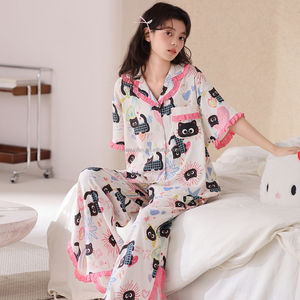 <span class=keywords><strong>Pigiama</strong></span> Estivo da <span class=keywords><strong>Donna</strong></span> 2026 Nuovo con Stampa <span class=keywords><strong>Gatto</strong></span> Nero Carino, Cardigan Casual Comodo con Bordo in Pizzo e Maniche Corte - Product Image 2