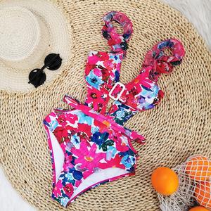 Maillot de bain une pièce Rose rouge fleuri avec bretelles ras-du-cou et jupe, tenue de plage dos nu, nouvelle collection <span class=keywords><strong>2022</strong></span> - Product Image 3
