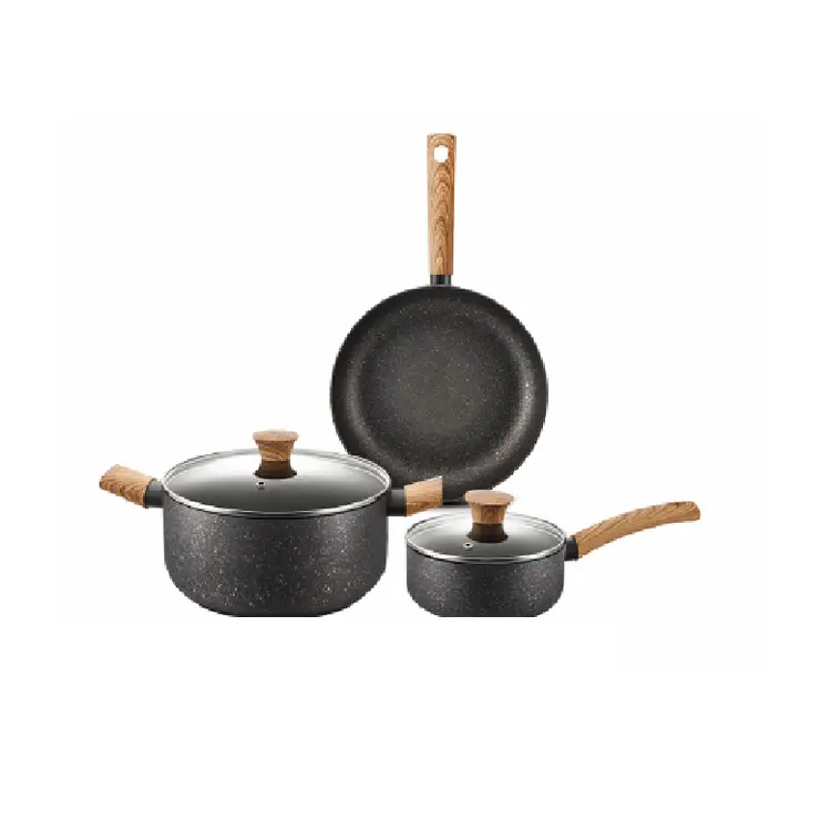 Set Peralatan Masak Antilengket, Kaserol Baja Karbon dan Wajan Penggorengan dengan Gagang Kayu